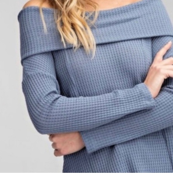 Waffle Knit Off Shoulder Top Blue Denim Sweater - Picture 7 of 8